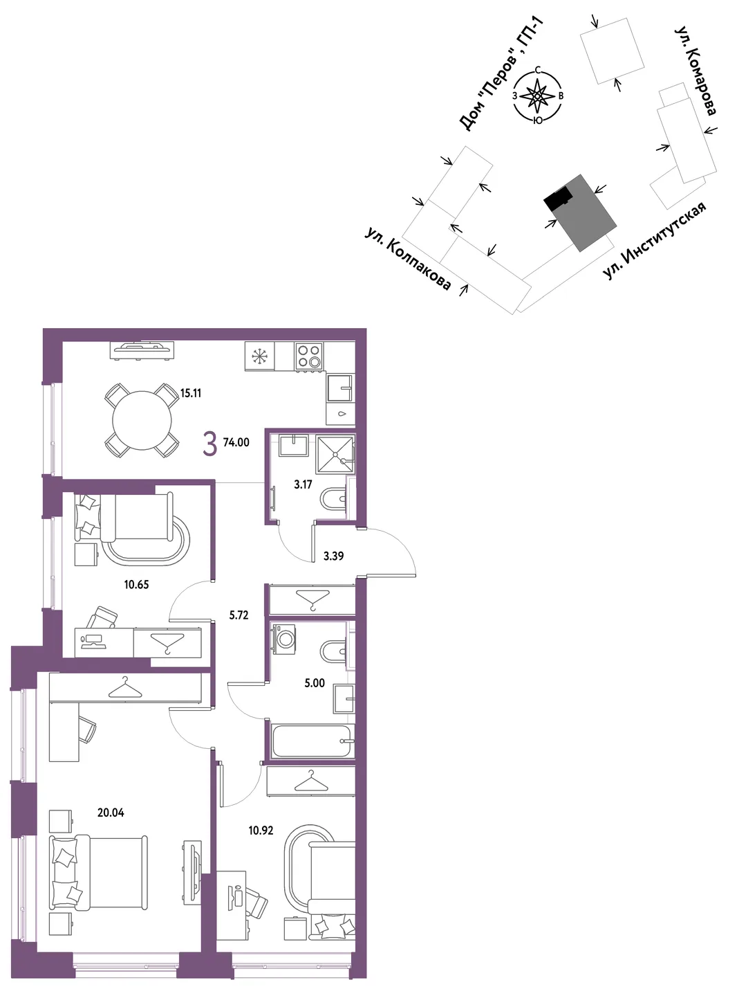 Планировка 3-комн. квартира, 74 м² ЖК «Страна.Парковая»