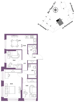 Планировка 3-комн. квартира, 74 м² ЖК «Страна.Парковая»