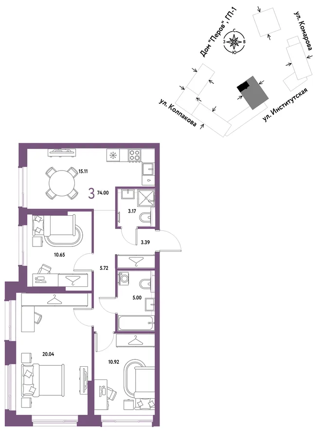 Планировка 3-комн. квартира, 74 м² ЖК «Страна.Парковая» Планировка 3-комн. квартира, 74 м² ЖК «Страна.Парковая»