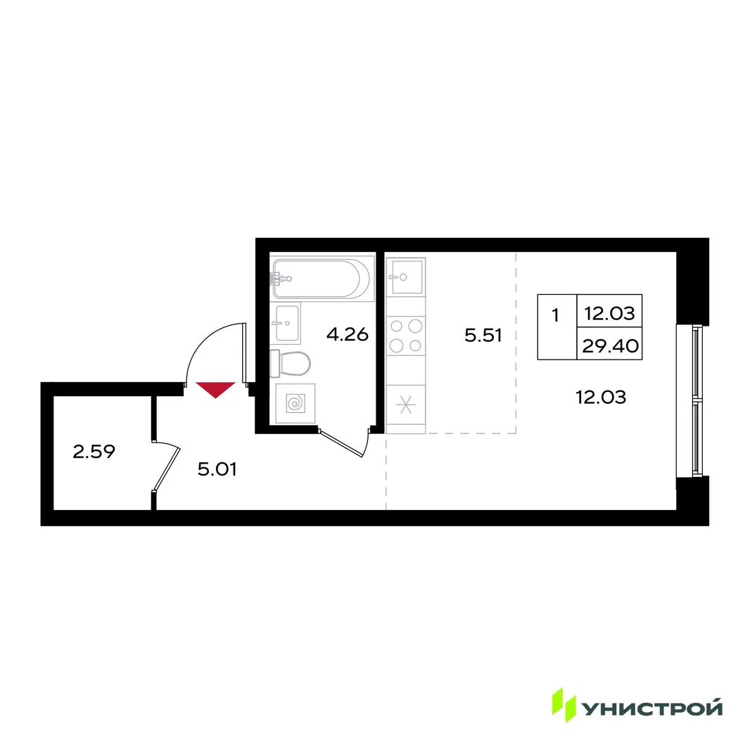 Планировка 1-комн. квартира, 29.4 м² ЖК «Уникум на Энгельса»