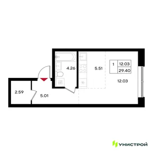 Планировка 1-комн. квартира, 29.4 м² ЖК «Уникум на Энгельса»