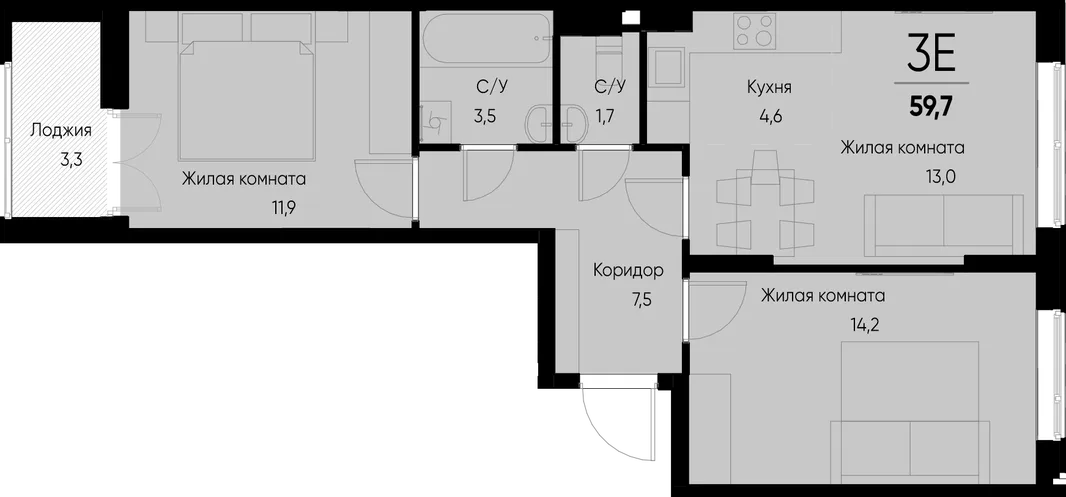 Планировка 3-комн. квартира, 59.8 м² ЖК «Васильевский остров»