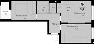 Планировка 3-комн. квартира, 59.8 м² ЖК «Васильевский остров»