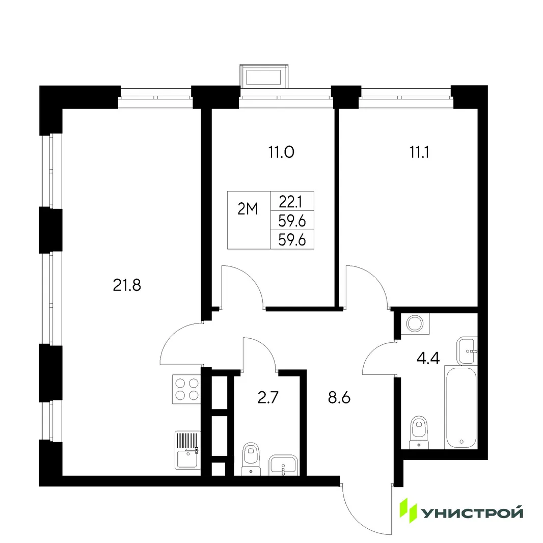 Планировка 2-комн. квартира, 59.6 м² ЖК «Стадиум»