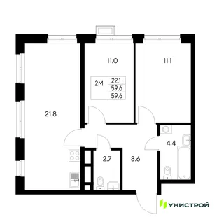 Планировка 2-комн. квартира, 59.6 м² ЖК «Стадиум»
