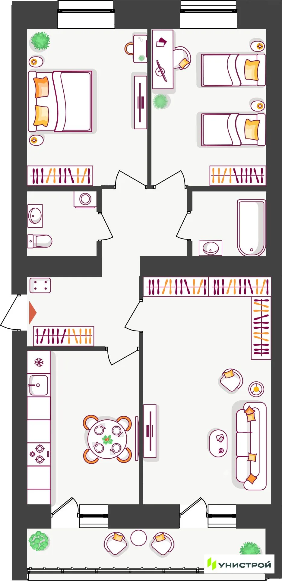Планировка 3-комн. квартира, 77.79 м² ЖК «Южный бульвар 2»