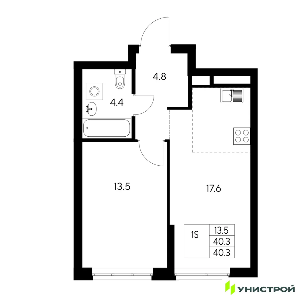 Планировка 1-комн. квартира, 40.3 м² ЖК «Стадиум»