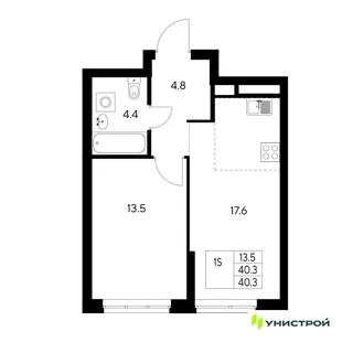 Планировка 1-комн. квартира, 40.3 м² ЖК «Стадиум»