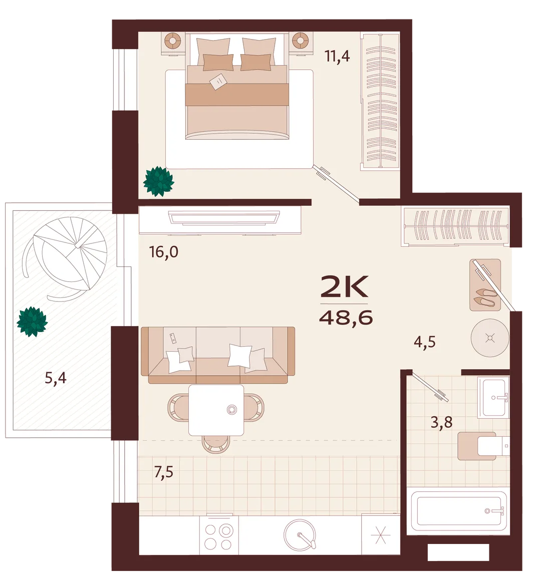 Планировка 2-комн. квартира, 48.6 м² ЖК «Роялта»