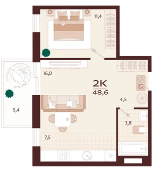 Планировка 2-комн. квартира, 48.6 м² ЖК «Роялта»