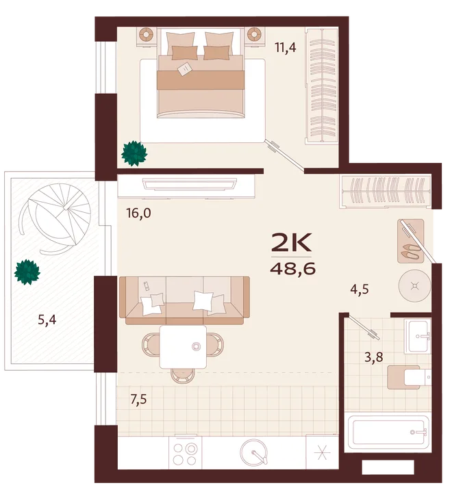 Планировка 2-комн. квартира, 48.6 м² ЖК «Роялта» Планировка 2-комн. квартира, 48.6 м² ЖК «Роялта»
