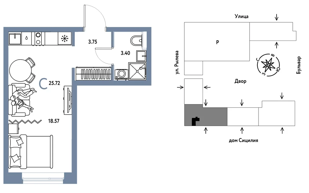 Планировка Студия, 25.72 м² ЖК «Остров-сад»