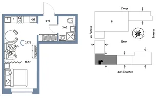 Планировка Студия, 25.72 м² ЖК «Остров-сад»