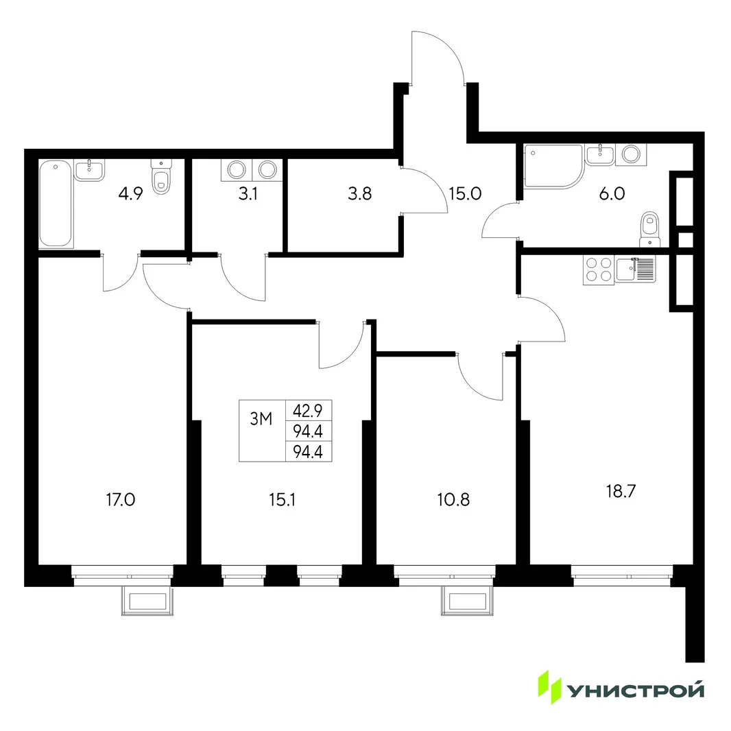 Планировка 3-комн. квартира, 94.4 м² ЖК «Стадиум»