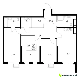 Планировка 3-комн. квартира, 94.4 м² ЖК «Стадиум»