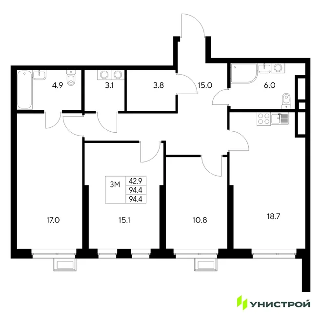 Планировка 3-комн. квартира, 94.4 м² ЖК «Стадиум» Планировка 3-комн. квартира, 94.4 м² ЖК «Стадиум»