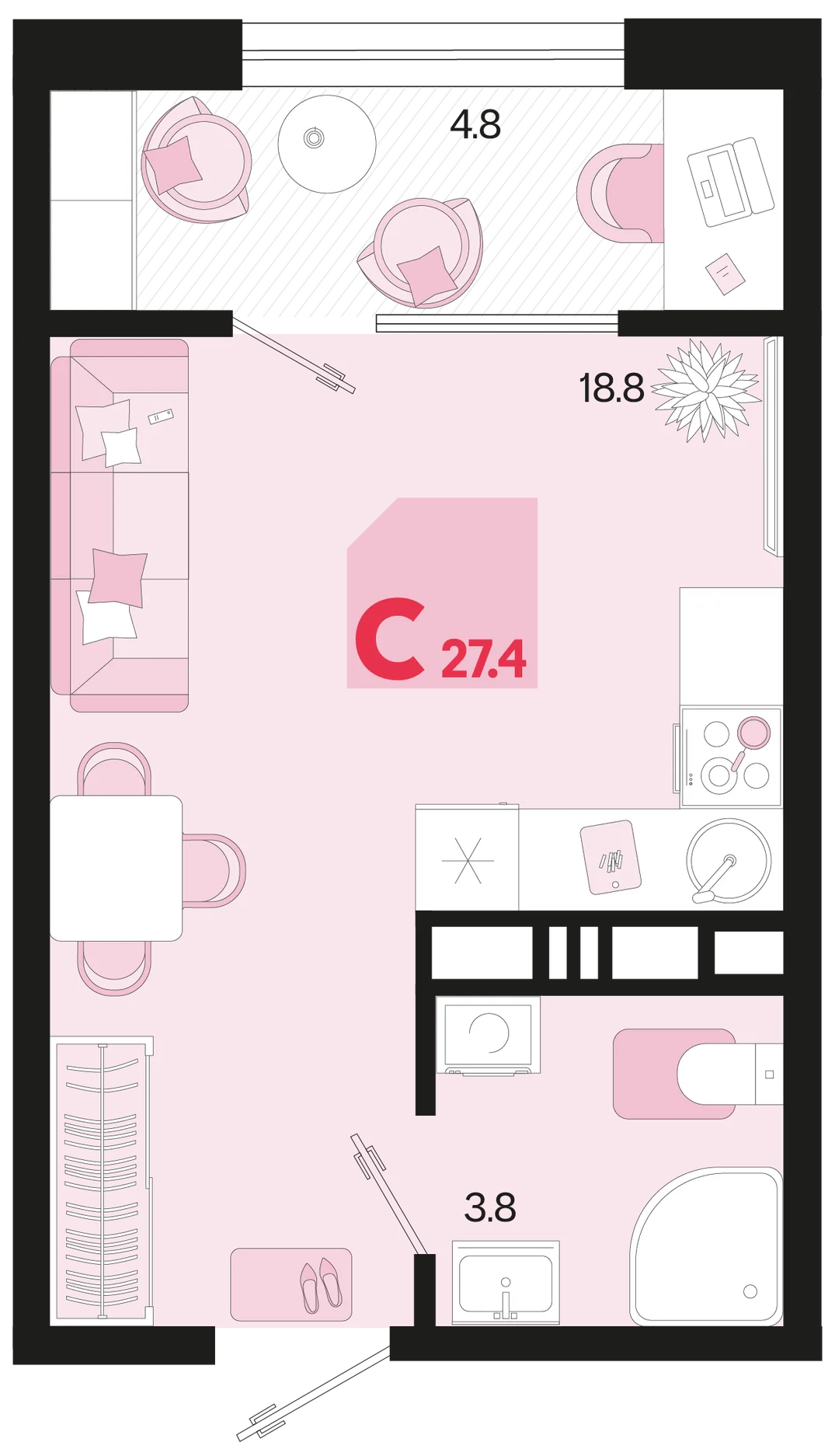 Планировка Студия, 27.4 м² ЖК «Первое место»