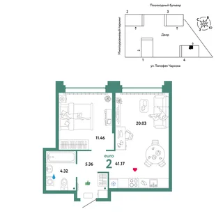 Планировка 2-комн. квартира, 41.17 м² ЖК «Микрорайон Звездный»