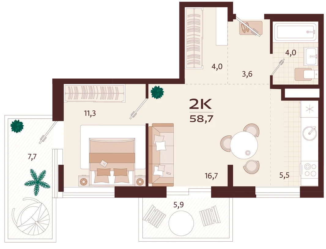 Планировка 2-комн. квартира, 58.7 м² ЖК «Роялта»