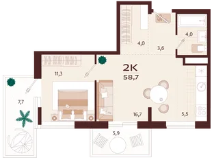 Планировка 2-комн. квартира, 58.7 м² ЖК «Роялта»
