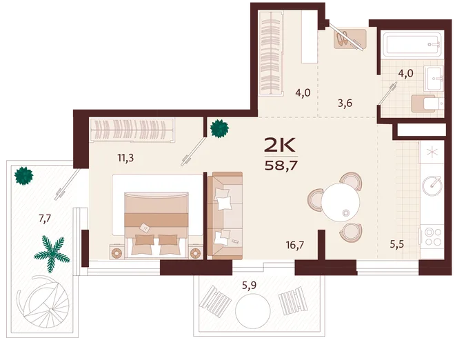 Планировка 2-комн. квартира, 58.7 м² ЖК «Роялта» Планировка 2-комн. квартира, 58.7 м² ЖК «Роялта»