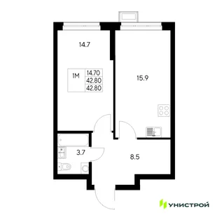 Планировка 1-комн. квартира, 42.8 м² ЖК «Стадиум»