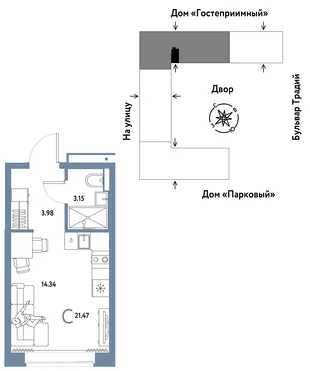 Планировка Студия, 21.47 м² ЖК «Микрорайон Домашний»