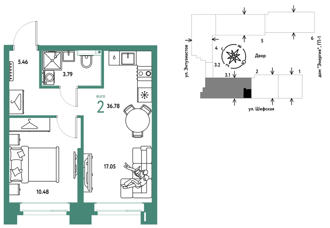 Планировка 2-комн. квартира, 36.78 м² ЖК «Страна.Энтузиастов»