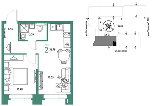 Планировка 2-комн. квартира, 36.78 м² ЖК «Страна.Энтузиастов»