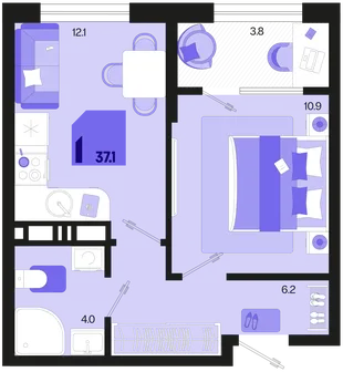 Планировка 1-комн. квартира, 37.1 м² ЖК «Первое место»