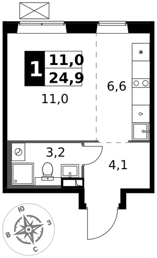 Квартира Студия, 24.9 м² ЖК «1-й Южный» Фото 1 Квартира Студия, 24.9 м² ЖК «1-й Южный» Фото 1