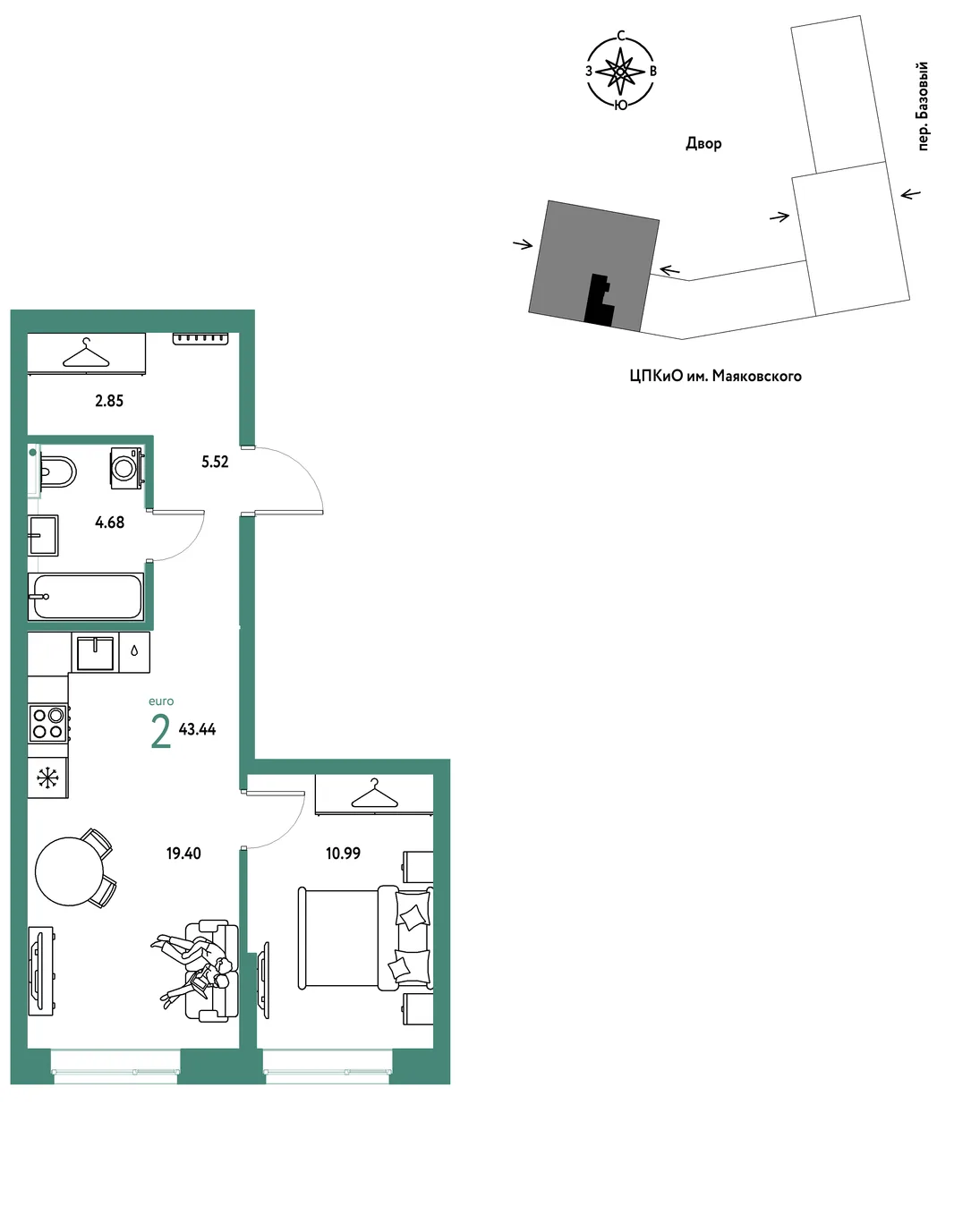 Планировка 2-комн. квартира, 43.44 м² ЖК «Сибирский сад»