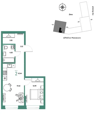 Планировка 2-комн. квартира, 43.44 м² ЖК «Сибирский сад»