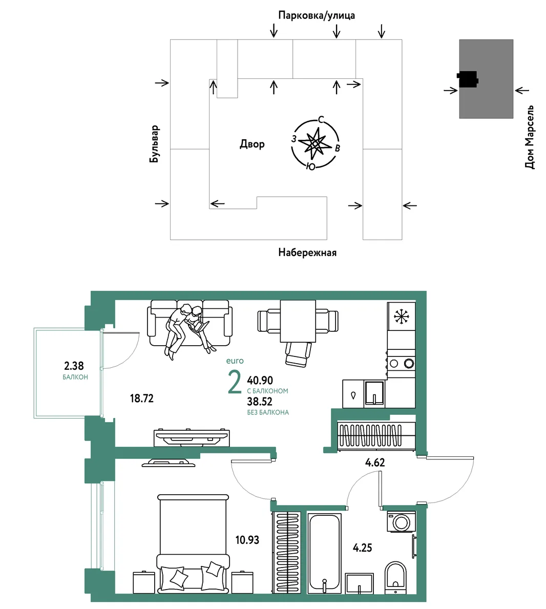 Планировка 2-комн. квартира, 40.9 м² ЖК «Европейский берег 2.0»