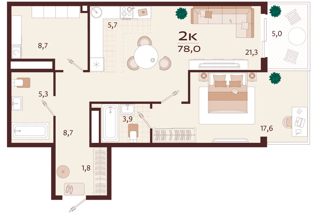 Планировка 2-комн. квартира, 78 м² ЖК «Роялта»