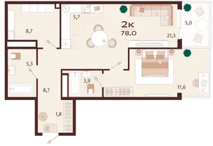 Планировка 2-комн. квартира, 78 м² ЖК «Роялта»