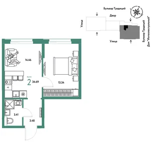 Планировка 2-комн. квартира, 34.69 м² ЖК «Микрорайон Домашний»