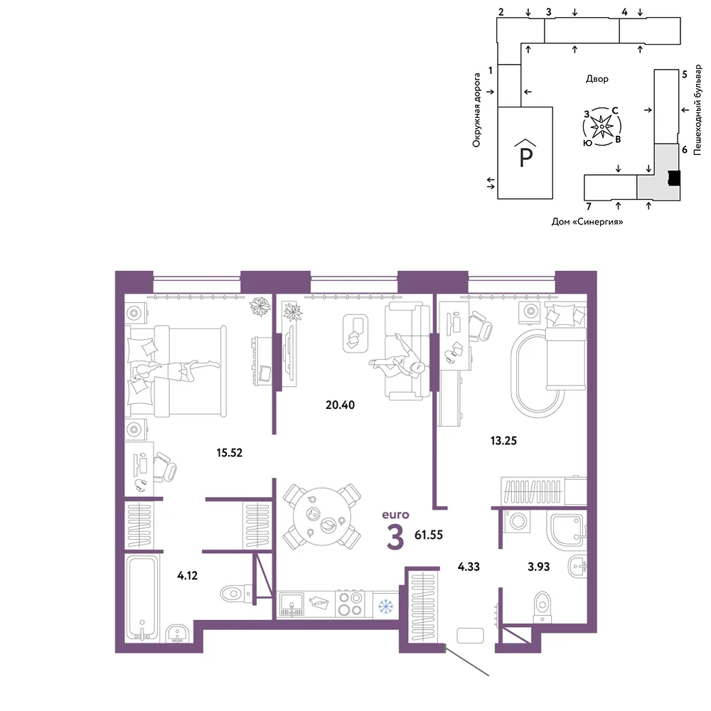 Планировка 3-комн. квартира, 61.55 м² ЖК «Юнион»