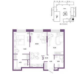 Планировка 3-комн. квартира, 61.55 м² ЖК «Юнион»