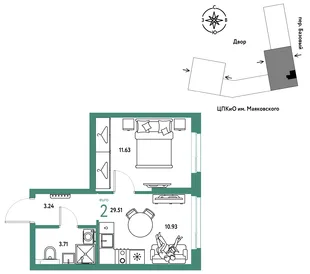 Планировка 2-комн. квартира, 29.51 м² ЖК «Сибирский сад»