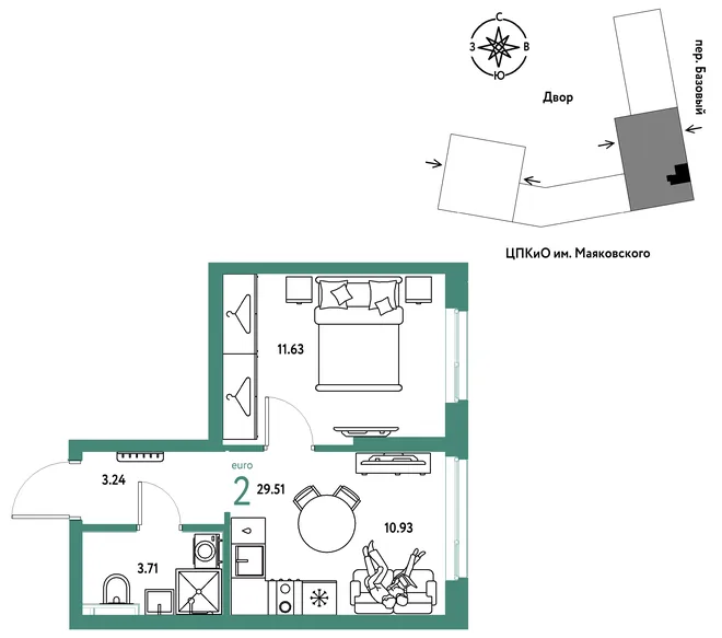Планировка 2-комн. квартира, 29.51 м² ЖК «Сибирский сад»