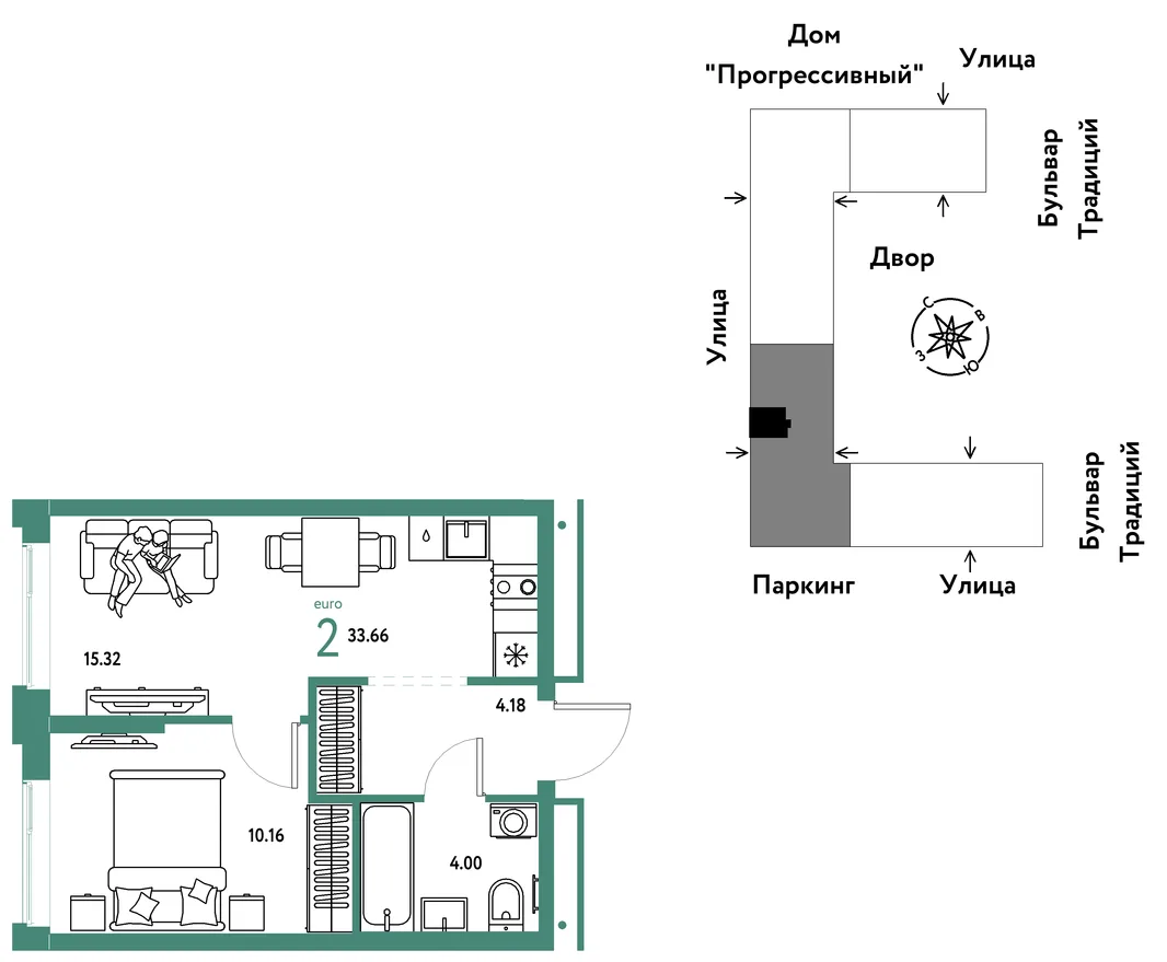 Планировка 2-комн. квартира, 33.66 м² ЖК «Микрорайон Домашний»