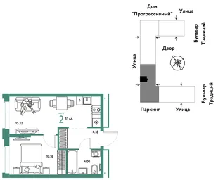 Планировка 2-комн. квартира, 33.66 м² ЖК «Микрорайон Домашний»