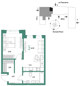 Планировка 2-комн. квартира, 46.9 м² ЖК «Авторский»