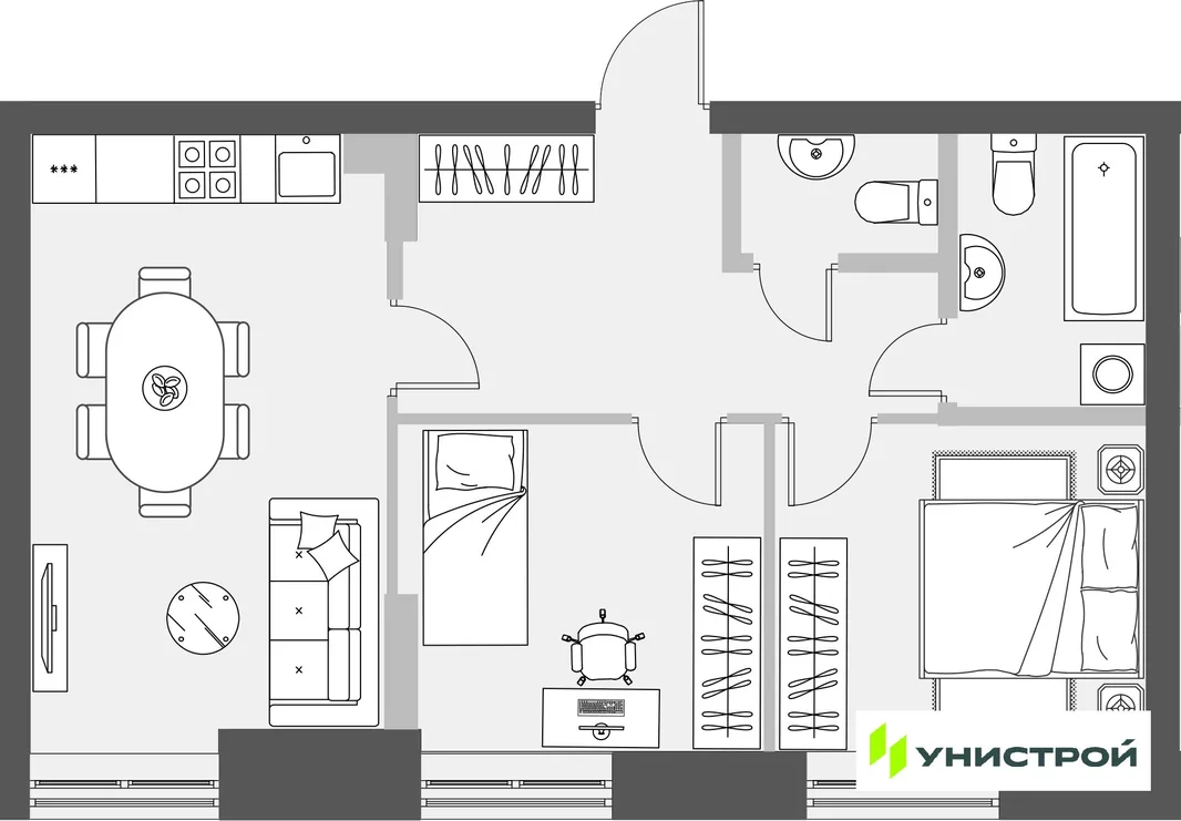 Планировка 2-комн. квартира, 56.59 м² ЖК «Уникум на Проспекте Победы»