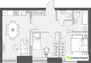 Планировка 2-комн. квартира, 56.59 м² ЖК «Уникум на Проспекте Победы»
