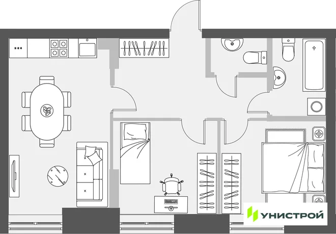 Планировка 2-комн. квартира, 56.59 м² ЖК «Уникум на Проспекте Победы» Планировка 2-комн. квартира, 56.59 м² ЖК «Уникум на Проспекте Победы»