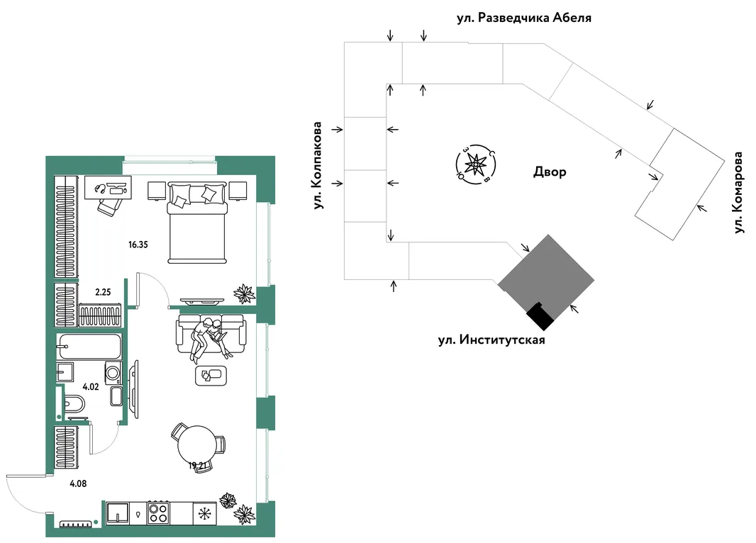 Планировка 2-комн. квартира, 45.91 м² ЖК «Страна.Парковая»