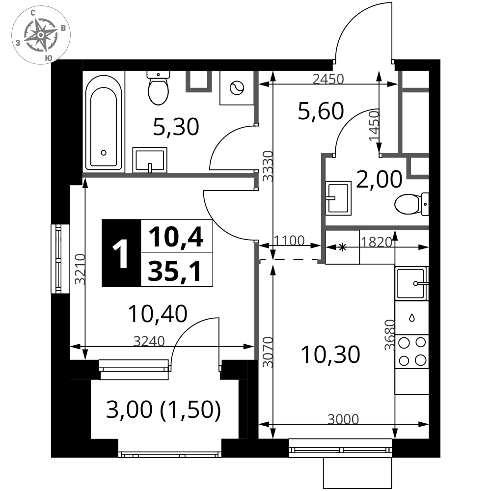 Планировка 1-комн. квартира, 34.8 м² ЖК «1-й Химкинский»