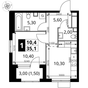 Планировка 1-комн. квартира, 34.8 м² ЖК «1-й Химкинский»